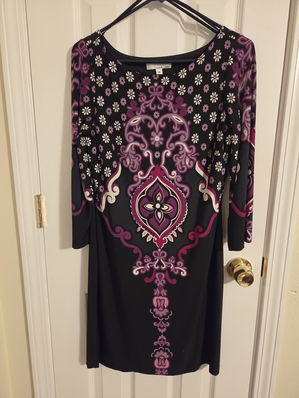 Lucy & Laurel Black Dress with Pink and Purple Medallion Print